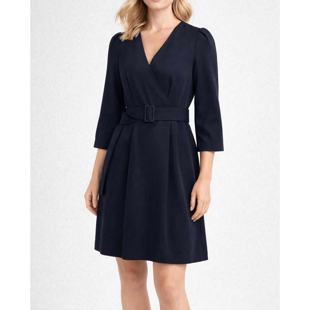 Marella Belted Dress Womens 8 Navy Crepe Faux Wrap Puff Sleeve Cocktail Career‎